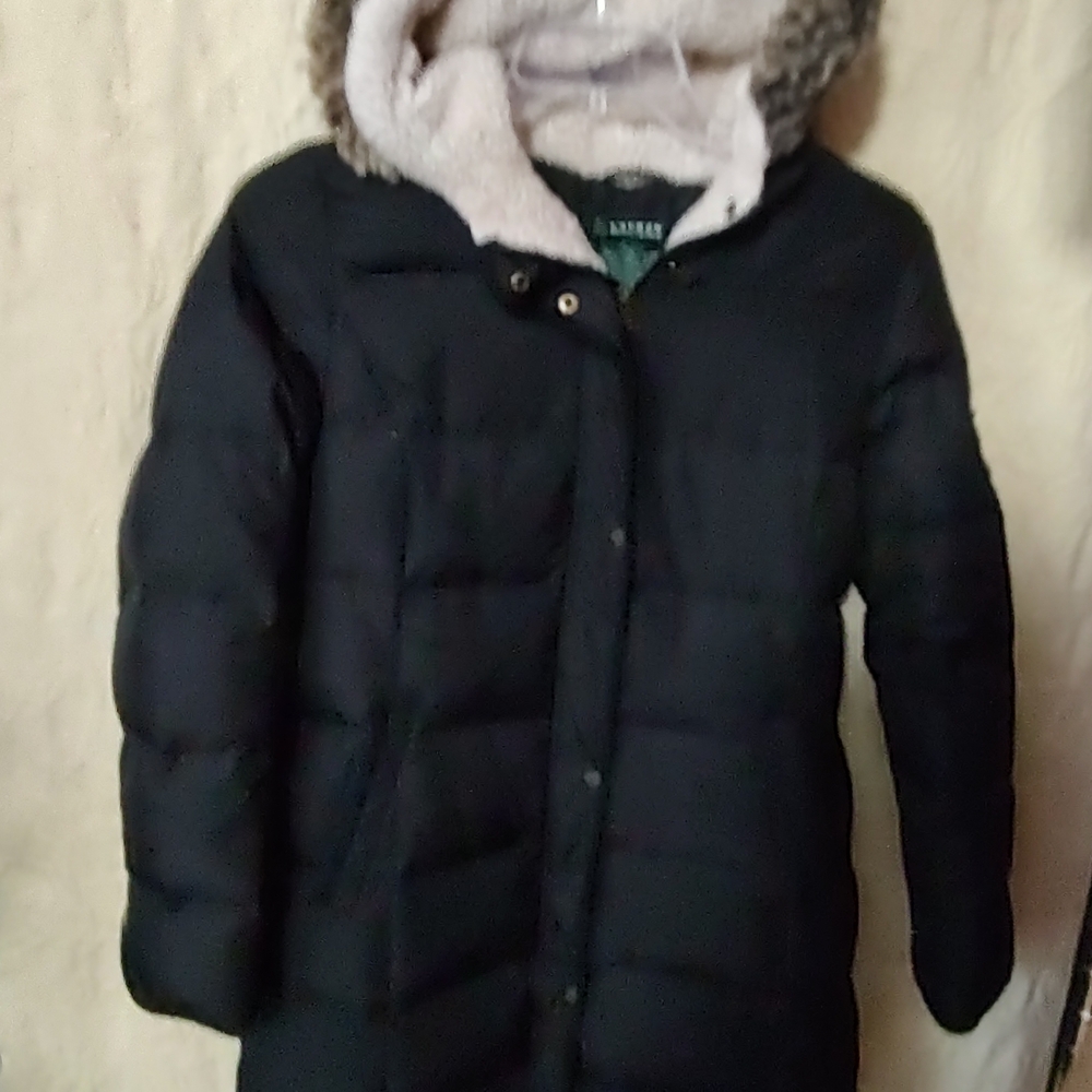 Black Puffer Jacket with Faux Fur Hood Ralph Lauren bottom snap isnt snapping